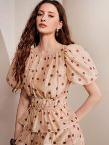 SHEIN Zanirela 女款圓領波點短花瓣袖時尚上衣 - 杏色 - 查看 6