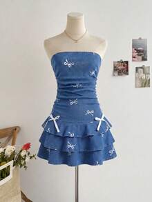 SHEIN Tween Girls Y2K Stonewashed Snug Fit Dress With Layer And Bowknot Detailed - Blue - View 1