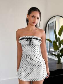 leahseptember Women's Contrast Color Polka Dot Print Strapless Mini Dress Elegant - Apricot - View 6