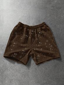 ROMWE MEN Street Life Men's Casual Sequin Detail Street Hip Hop Style Drawstring Waist Pockets Shorts - Coffee Brown - View 2
