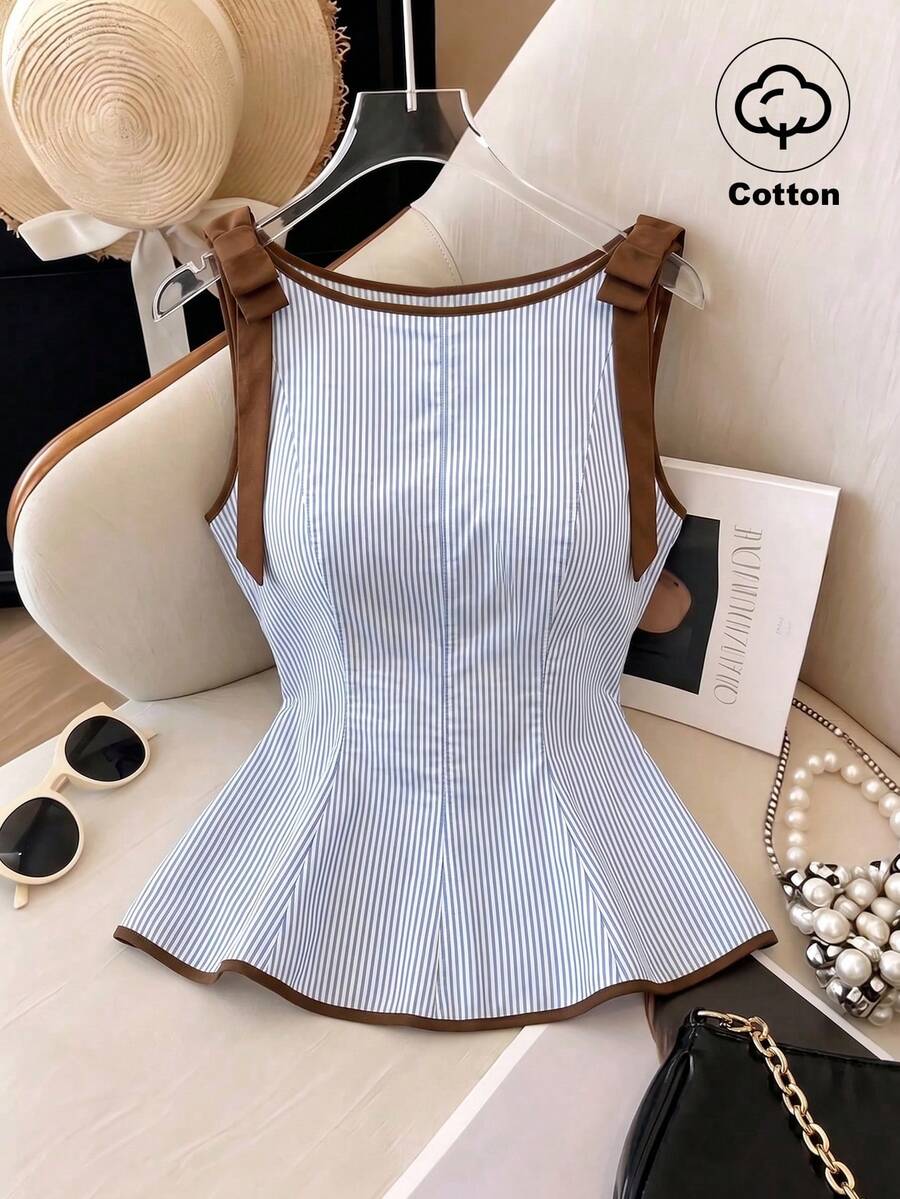 SHEIN Franclia Women's Regular Contrast Color Sleeveless Tank Top, Women's Top, Contrast Color Ribbon, Butterfly Knot, Slim Fit Waist, Ruffle Hem, Fashionable Niche, Exquisite And Elegant, Comfortable And Casual, Light Resort Wear, Suitable For Gatherings, Dates, Parties, Commuting, And Work - Multicolor - View 1