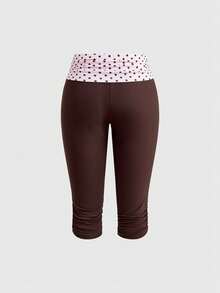 ROMWE Avant Y2K Style Sicilian Holiday Vintage Polka Dot Patchwork Ruched Skinny Women 3/4 Pants - Brown - View 2