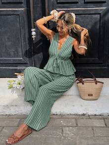 Serisse Women's Vacation Casual Striped Sleeveless Top And Pants 2 Pieces Set - Green - View 6