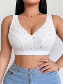 DesireSculpt 1pc Plus Size Lace Wireless Bra - White - View 7
