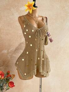 Soleia Women's Vacation Sequin Design Front Tie Hollow Out Camisole Dress - Multicolor - View 3