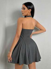 VaVaBold Women's Summer Minimalist Solid Color Backless Halter Neck Short Dress - Dark Grey - View 2