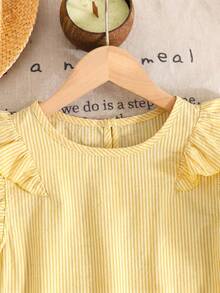 SHEIN LMoss Kids Tween Girl 2 Pieces Set: Casual Comfortable Round Neck Ruffle Blouse And Pants - Yellow - View 5
