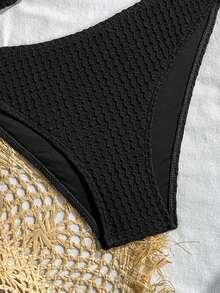 SHEIN Swim 26SS 女士春夏沙滩套装，女士比基尼套装，两件套，海滨度假风，INS网红性感炸弹优雅浪漫可爱波西米亚风纹理面料，精致金属贝壳扣装饰，可拆卸衬垫罩杯，细肩带露背比基尼套装 - 黑色 - 查看 6