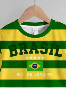 Young Boy Casual T-Shirt Set, Classic Brazilian Soccer Player Graphic Print, Retro Striped Pattern Print, Brazilian Flag Print, Suitable For Soccer Sports, Suitable For Spring And Summer - Multicolor - View 4