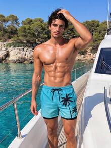 Manfinity Swimmode Men's Coconut Tree Print Drawstring Waist Pocket Beach Shorts - Multicolor - View 5