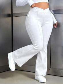 Flexra Plus Size Solid High Waist Flare Leg Skinny Fashion Jeans - White - View 8