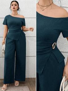 Feyla Conjunto de 2 piezas de top asimétrico y pantalones de unicolor casual y de oficina en talla grande - Agua verde azul - Ver 1