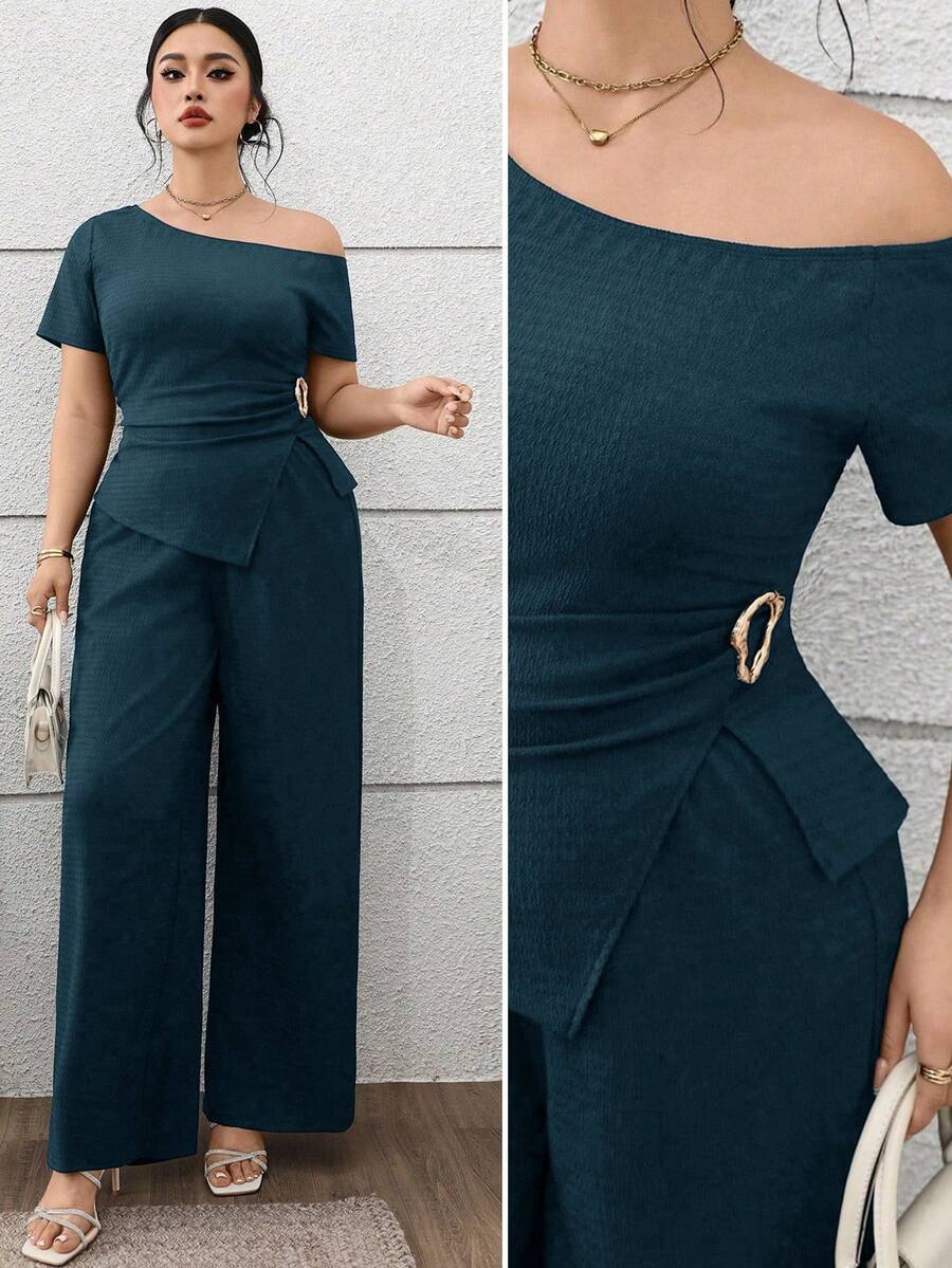 Feyla Conjunto de 2 piezas de top asimétrico y pantalones de unicolor casual y de oficina en talla grande - Agua verde azul - Ver 1