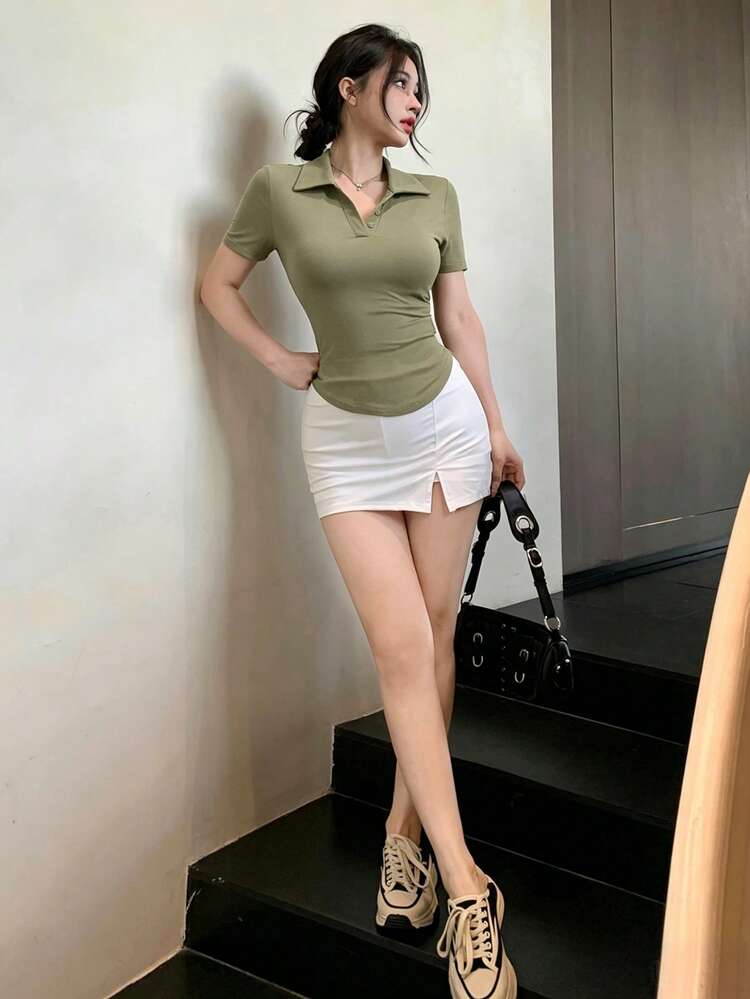 Women's Off-Shoulder Collared Short Sleeve Fitted Summer T-Shirt
