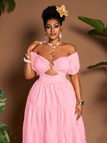 Maweii Plus Size Women's Vacation Solid Color Off-Shoulder Petal Sleeve Ruffle Hem Fashion Dress - Baby Pink - View 4