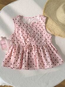 SHEIN Tween-Mädchen Lässig Alltags Urlaubs Rosa Braun Polka Punkte Bedrucktes Crop Top mit Schleife, Rosa Elegantes Top, Sommer Tops, Sommer Bluse - Pink - Übersicht 4
