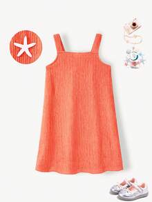 SHEIN Casuvi Kids Casuvi 青少女女童休閒針織提花紋理吊帶洋裝，寬鬆A字版型搭配3D花卉裝飾，舒適適合春夏日常穿著 - 亮橙色 - 查看 3