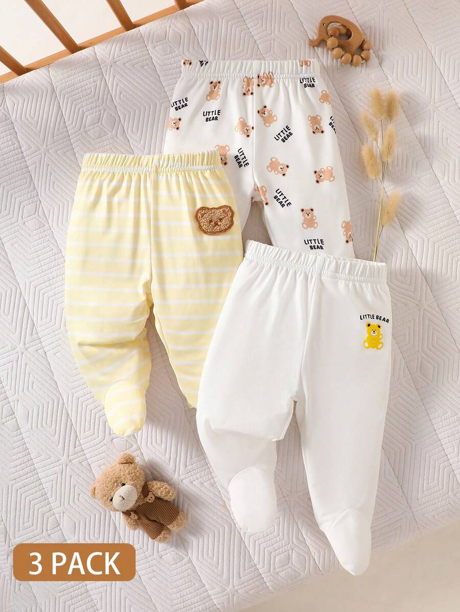 SHEIN Newborn Baby Casual Cute Cartoon Bear Striped Print Footie Pants