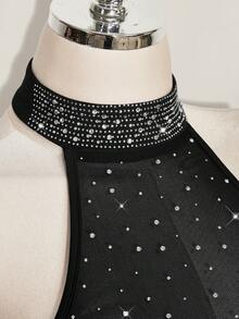 SHEIN ICON Women's Rhinestone Decor Halter Neck Romper Unitard - Black - View 9