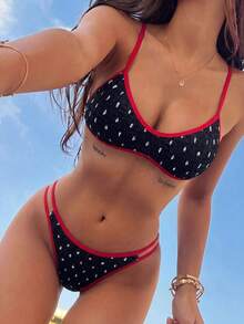 Swim Mod 女款黑白波點印花可調肩帶分體式坦基尼泳衣兩件組，海灘俱樂部夏季性感款 - 彩色 - 查看 1