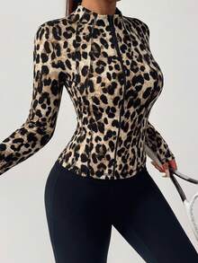 DAZY Spring/Summer Outdoor Brown Leopard Print Mock Neck Slim Fit Sports Jacket - Brown - View 6