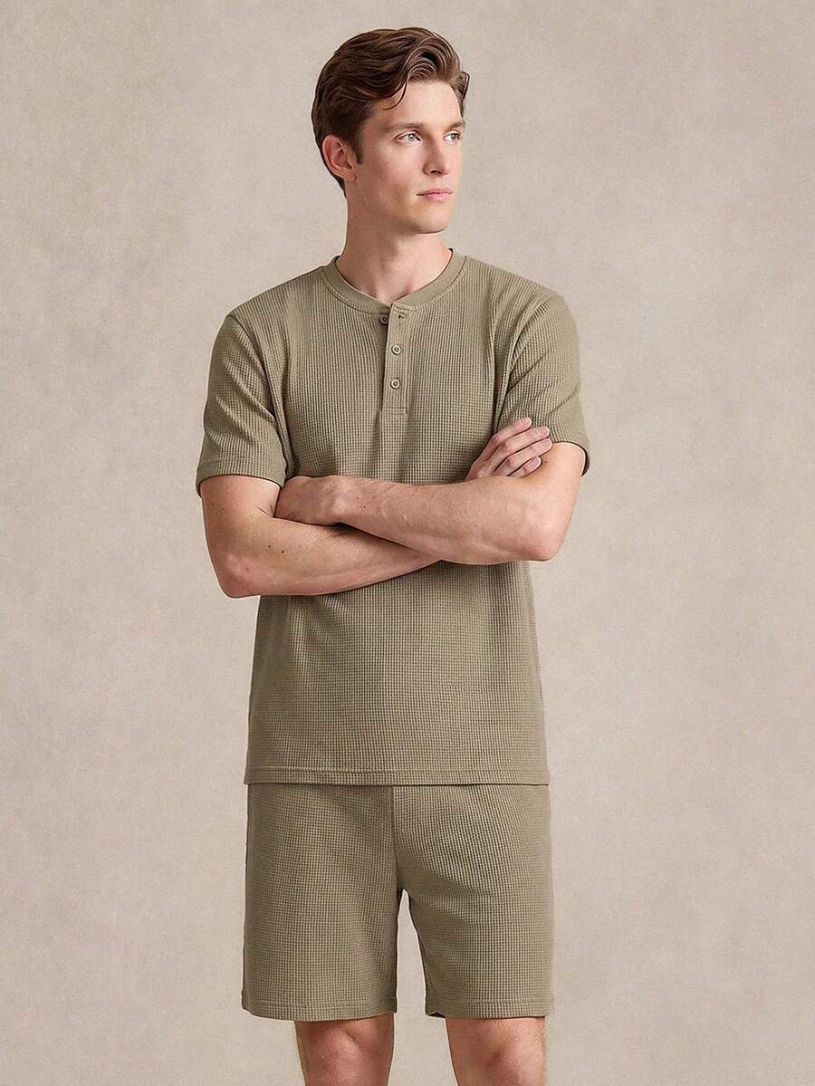 SHEIN Casual Spring Henry Collar Men's Loungewear Set - Khaki - View 1