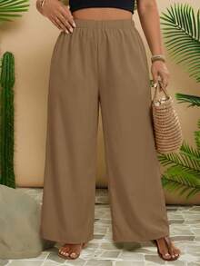 Travachic Pantalones anchos de unicolor casuales de talla grande - Café integral - Ver 1