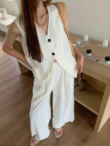K-Vae Women's Loose White V-Neck Vest And Wide Leg Pants Set, Lightweight Textured Casual Holiday Versatile 2 Pieces Outfit Vacation Summer - Beige - View 4