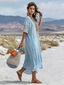 SHEIN LUNE Casual Comfortable Bohemian Style V-Neck Loose Long Dress For Women - Gray Blue - View 4
