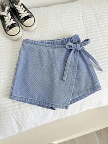 Shorts vaqueros casuales con nudo lateral para niña joven - Lavado ligero - View 4