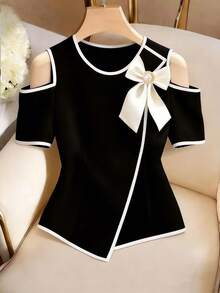 GlowEve 新款春夏休闲优雅度假沙滩派对宴会女式黑白蝴蝶结珍珠露肩短袖衬衫 - 黑與白 - 查看 1
