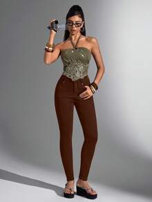 Jeanoix Jeans ajustados de mujer con unicolor, bolsillos y botones - Café integral - Ver 6