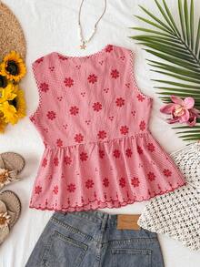 Travachic Women's Summer Beach Vacation Style Casual Floral Embroidery Plaid Print Front Tie Peplum Hem Tank Top - Red - View 2