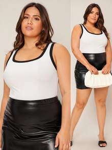 SHEIN BASICS Camiseta de tirantes de talla grande con ribete de color contrastante para el verano - Negro - Ver 7