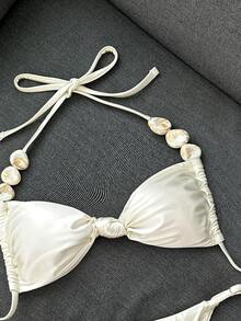 Elavelle Solid Color Halter Twist Front Bikini Set, Spa Resort Swimwear For Women - White - View 6