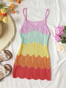 SHEIN 少女彩色條紋鏤空罩衫，適用於海灘、泳池、海邊、衝浪、度假、夏季、旅行、假日等，女孩泳衣罩衫、泳衣罩衫、沙灘洋裝、女孩泳衣洋裝、沙灘洋裝、女孩沙灘罩衫、女孩保守泳衣洋裝、女孩毛圈布泳衣罩衫、貝殼洋裝、女孩沙灘洋裝、少女泳衣罩衫、少女度假洋裝 - 彩色 - 查看 1