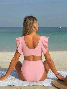 Swim Vcay Maternity Casual Solid Color Bikini Set - Pink - View 2