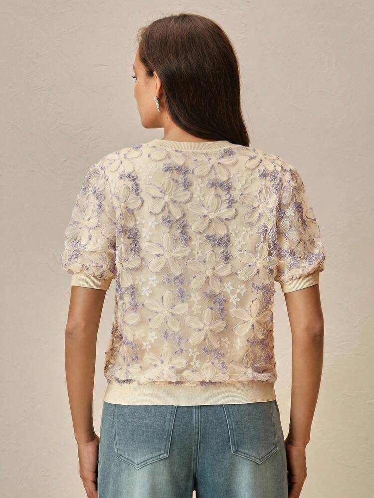 Elegant Party Mesh Knit Top, 3D Embroidery + Sequin Embellishment, Round Neck Puff Short Sleeve, Casual Summer Holiday Outfit Blouse