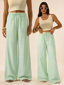 SHEIN Tall Quần ống rộng kẻ sọc có dây rút, kiểu dáng dễ thương cho mùa hè, kỳ nghỉ, đi biển, thanh lịch, chất liệu vải lanh, trang phục công sở cho nữ, quần mùa xuân cho nữ. - Màu xanh Bạc hà - Xem 2