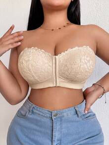 DesireSculpt Plus Size Wireless Lace Front Closure Bra, Sexy Lift And Gather, Invisible Back Bra, 1pc - Beige - View 8