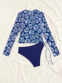 Swim SPRTY New Tropical Shell Print Colorblock Drawstring Bikini Top And Solid Color Triangle Bottoms, Women Swimwear For Swimming Party Vacation, Surfing, Beach - Multicolor - View 2