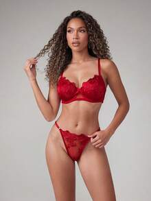 SHEIN 2pcs Mesh Embroidery Women's Lingerie Set - Red - View 1