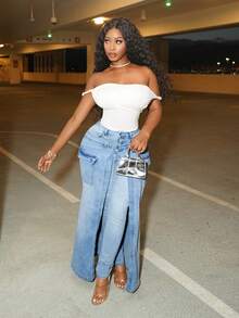 Slaydiva Quần jeans nữ màu trơn dáng ôm quấn bất đối xứng phong cách thường ngày - Màu xanh lam - Xem 4