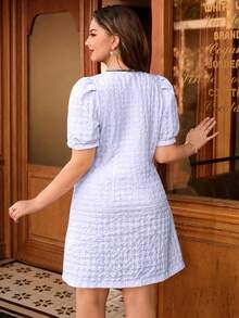 SHEIN Clasi Plus Size Women's Purple Houndstooth Textured Fabric Square Neck Short Sleeve Casual Elegant Retro Dress - Purple - View 2
