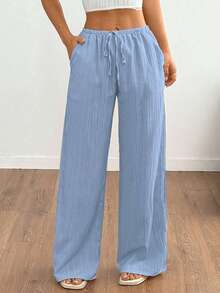 EMERY ROSE Plus Size Women Casual Solid Color Wide Leg Pants, Autumn Clothing Material, Big Size Trousers Fall - Sky Blue - View 1