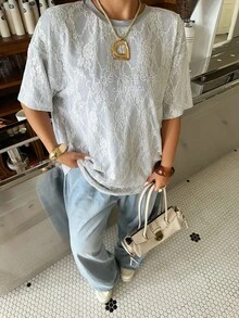 Muchica 大尺碼女款蕾絲拼接撞色字母刺繡T恤 - 彩色 - 查看 6