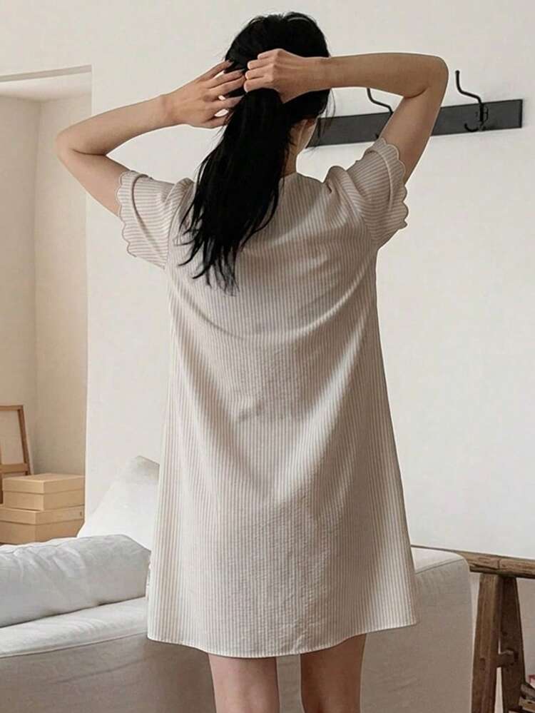 Ruffled Bubble Short Sleeve Loose Open Cardigan Midi Dress, Striped Pattern For Women, Summer