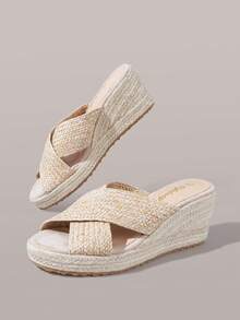 Styleloop Giày nữ, màu mơ, giày rơm đan chéo bằng dây gai dầu, dép đế xuồng, giày bohemian giúp tăng chiều cao cho kỳ nghỉ. - Màu be - Xem 6
