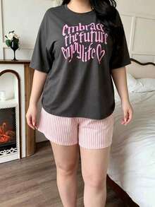 Dazy Plus 可愛女孩休閒居家服字母印花短袖上衣與素色寬鬆睡褲套裝，大尺碼，春/夏 - 藕粉色 - 查看 6