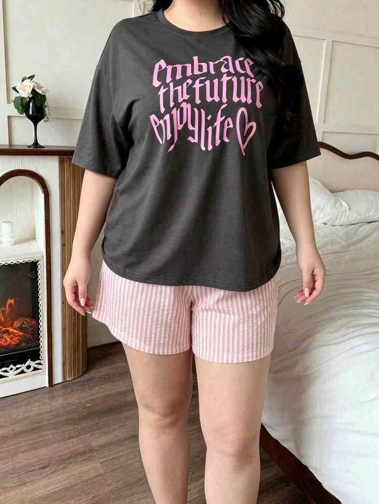 Dazy Plus Cute Girl's Casual Homewear Letter Print Short Sleeve Top And Solid Color Loose Pajama Pants Set, Plus Size, Spring/Summer